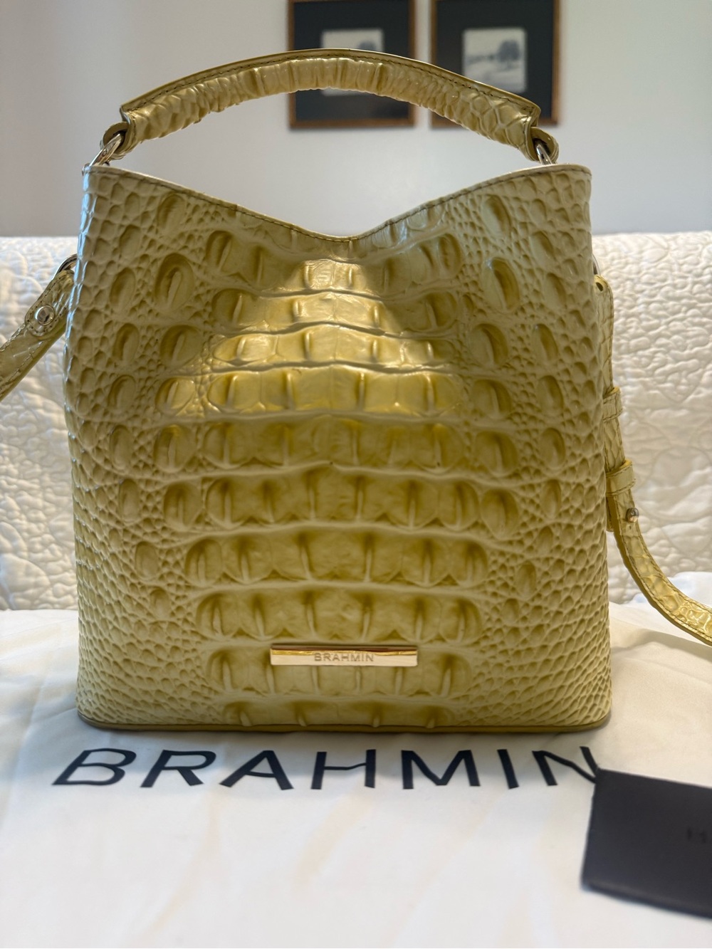 Brahmin Olive Croc-Embossed Leather Shoulder Bag with Gold Hardware